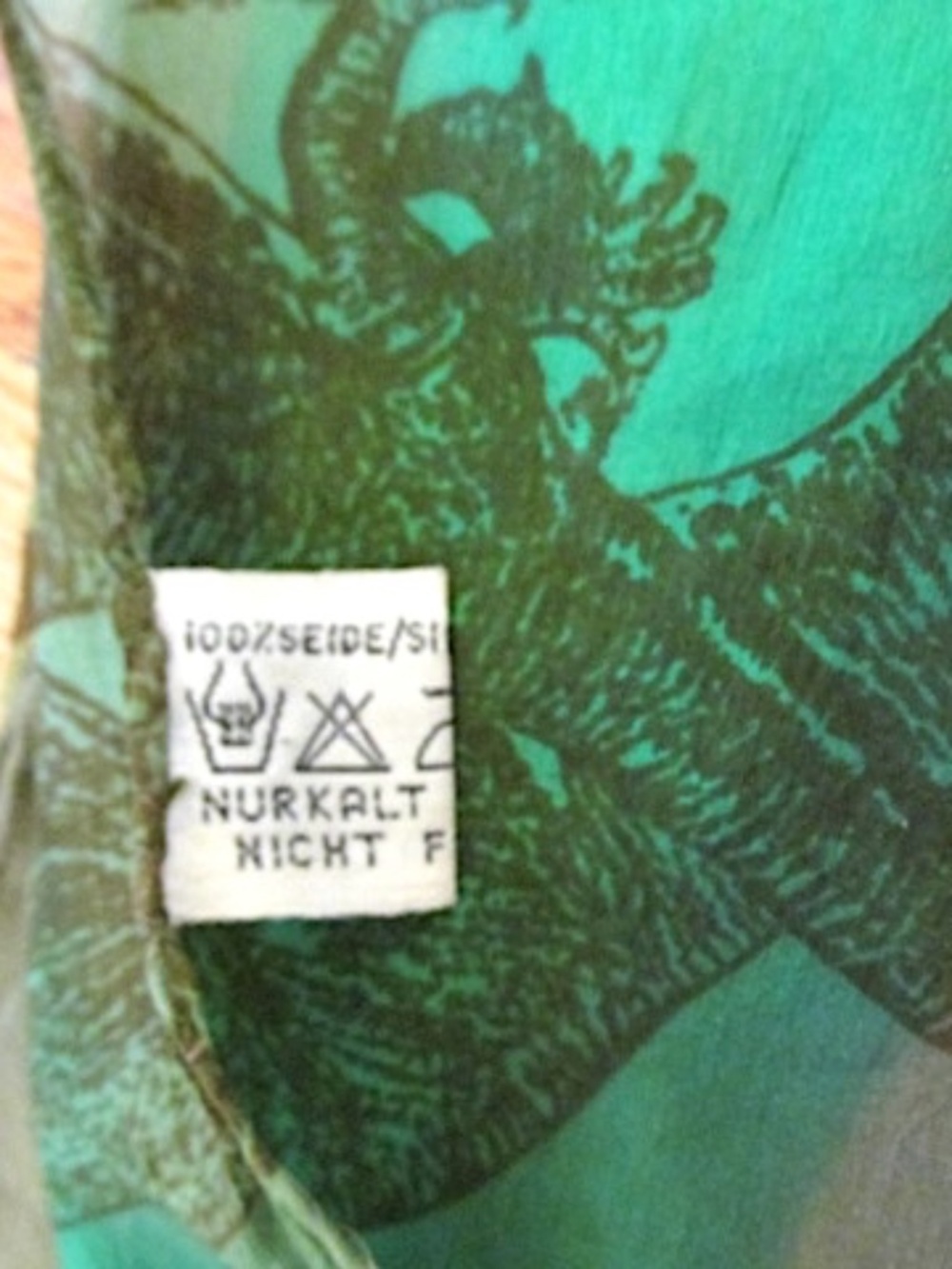 Green Olive Sheer Silk Scarf with Dinosaurs - Picture 6 of 6